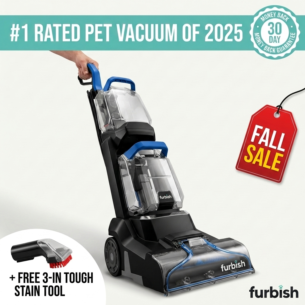 Furbish Pet XL upright carpet cleaner with its two front tanks, 10-inch brush foot and hose